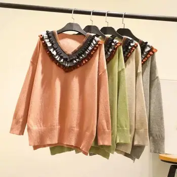 

2019 Autumn Women Knitted Sweaters Loose Cute Patchwork Ruffled Sweater V Neck Korean Jumpers Pullovers