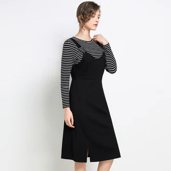 

EC.MS Tee Shirt Strip and Fork Open Braces Skirt Dress Suits
