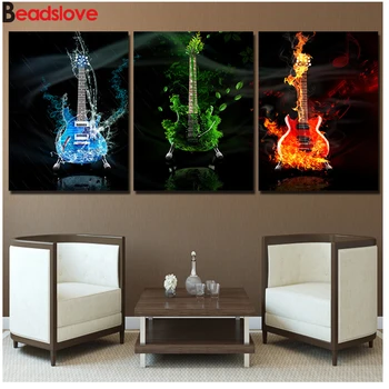

diamond embroidery 3 pcs Modern Abstract music fire guitar mosaic diamond 5d DIY full square round 3d diamond painting