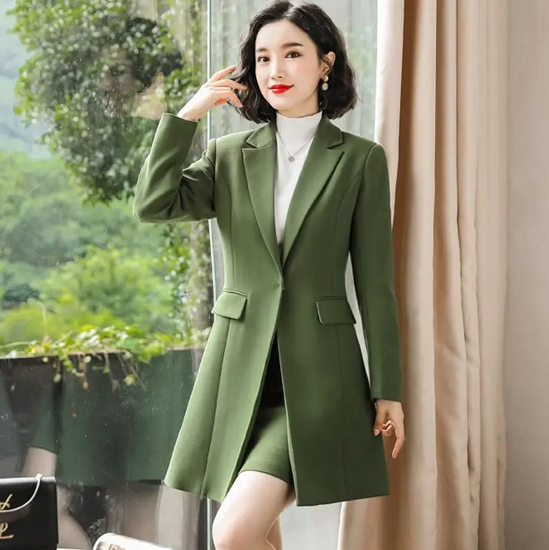 army green-suit Новинка, Осень-зима, Женский Длинный блейзер, элегантный, длинный рукав, официальные топы, зеленый, красный, желтый, абрикосовый, синий, пальто - Цвет: army green-suit