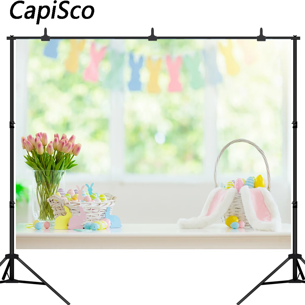 

Capisco Spring Easter Photography Backdrops flower rabbit Bamboo Basket Colorful Eggs bokeh Bunting Banner photo Background
