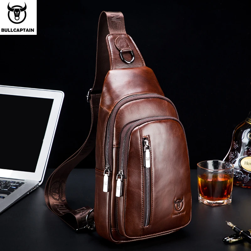 Online BULLCAPTAIN Fashion Genuine Leather Crossbody Bags men Brand Small Male Shoulder Bag casual men s music chest bags messenger bag