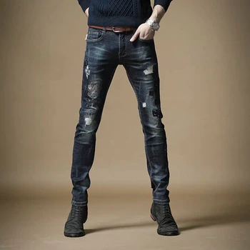 

Free Shipping New 2020 men's male spring hot rhinestone embroidery Korean hole fashion slim Slim blue trendy jeans trousers