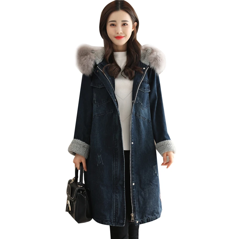 

Vintage Big Fur Collar Long jeans jacket Women Basic coat Winter New plus size Thick Plus Velvet lambswool women 3XL