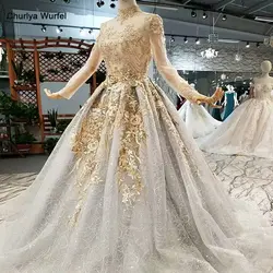 LS855111 shiny golden lace long evening party dresses long tulle sleeves high neck elegant mother of the bride dress real price