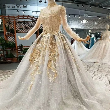 

LS855111 shiny golden lace long evening party dresses long tulle sleeves high neck elegant mother of the bride dress real price