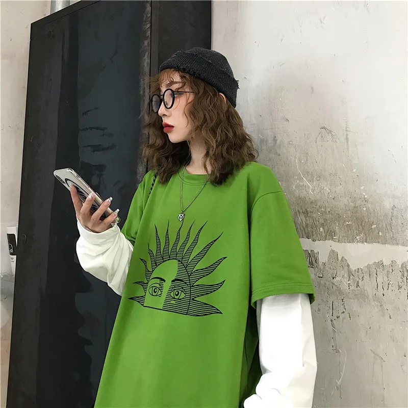 Lychee Harajuku Лоскутная Женская футболка с принтом солнцезащитных глаз, топы, футболки, поддельные 2 штуки, женские футболки с длинным рукавом, свободные женские футболки