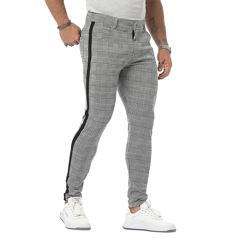 Men Casual Pants Streetwear Chinos Plaid Fitness Skiny Bottom Jogger Sweatpants Fashion Trousers Stripe Track