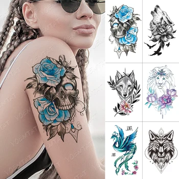 

Waterproof Temporary Tattoo Sticker Skull Rose Flower Wolf Lion Flash Tattoos Phoenix Body Art Arm Fake Tatoo Women Men