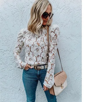 

Women Girl 2019 Sweet Flower Lace Blouse Autumn Round Neck Long Sleeve Shirt Blusa Com Renda Ey*