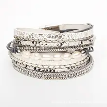 Браслет из пресноводного жемчуга, Воловья веревка, инкрустированные стразы, модный многослойный женский браслет с магнитной пряжкой