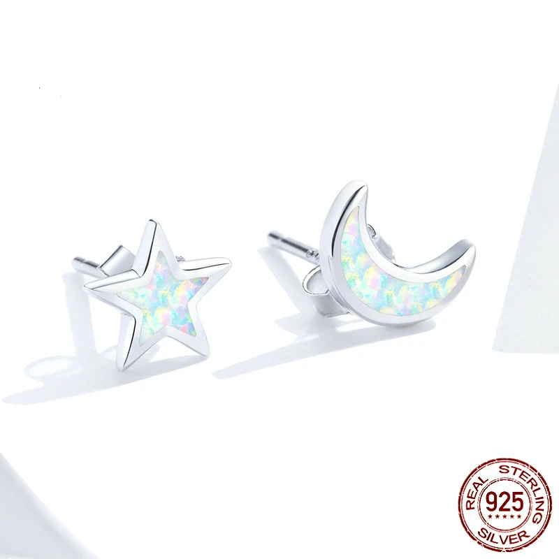 Открытые серьги гвоздики с Луной и звездой для женщин 100% Настоящее серебро 925