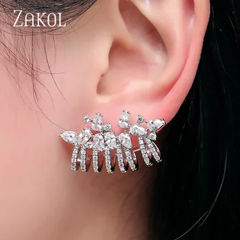 

ZAKOL Luxury Trendy Brand Brincos Cubic Zircon White Color Flower Jacket Earrings For Women Girl Christmas Gift Jewelry FSEP680