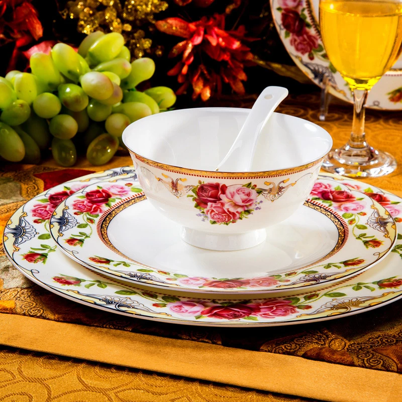 60pcs Flower Style Glazed Jingdezhen Bone China Porcelain Bowl and Dish Plate Set Dinnerware Tableware Set