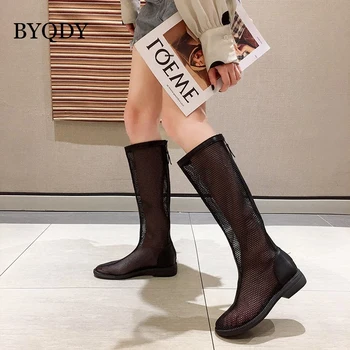 

BYQDY 2020 Sexy Black PU Boots For Woman Knee High Gladiator Shoes Thick Heels Mesh Summer Boot Hollow Out Zipper Boots Shoes