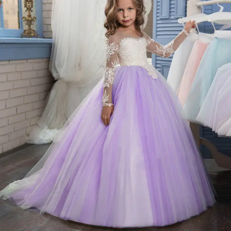 Платья с длинными рукавами и цветочным узором для девочек; платья для дня рождения; свадебное кружевное платье для маленьких девочек; пышные платья для первого причастия - Цвет: Фиолетовый