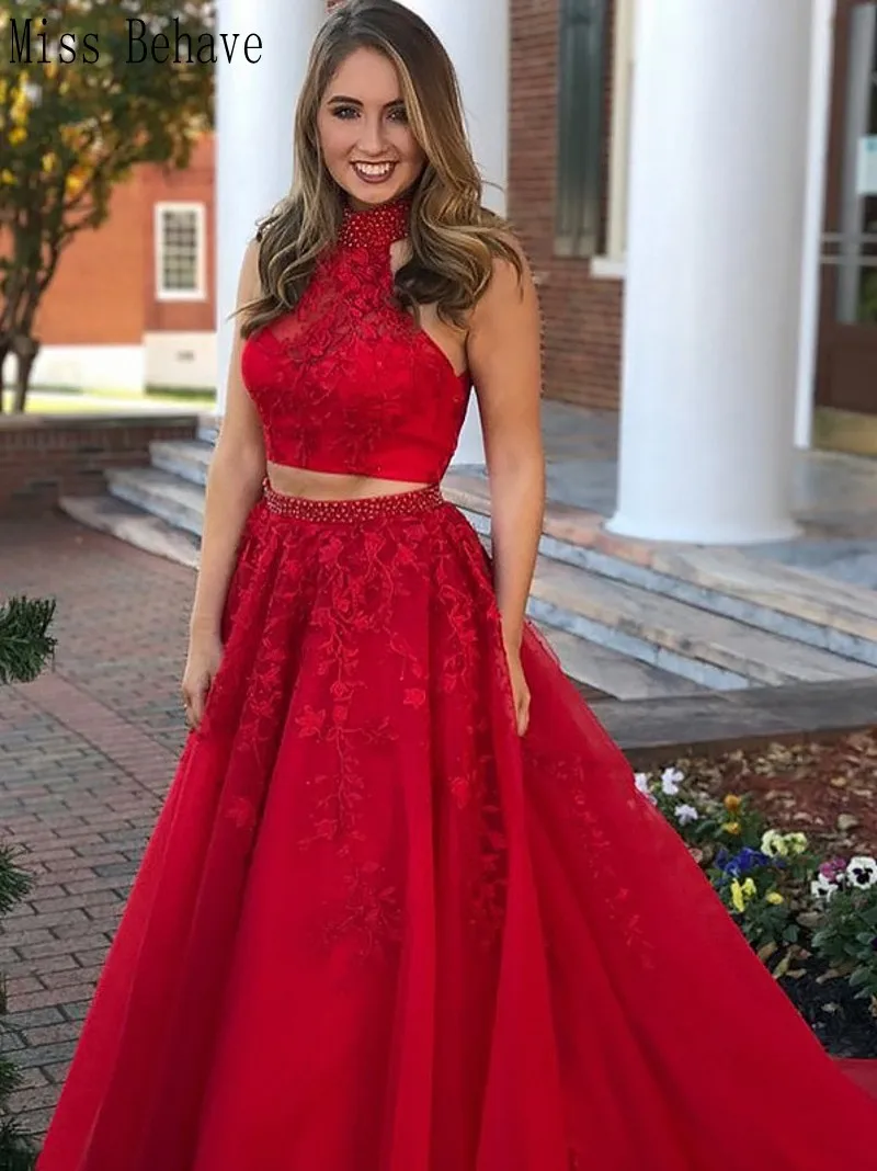

DD JYOY Red Evening Dress for Women Two Pieces Lace Evening Gowns Party Sexy Open Back Pearls Beaded with Long Train