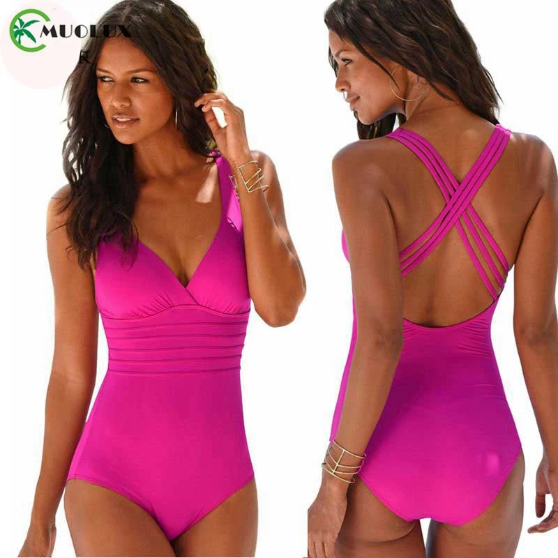 

MUOLUX 2020 Deep v neck Monokini Swimsuit Women Backless Swimwear Plus size One piece Bathing suit Backless Cross beachwear XXL