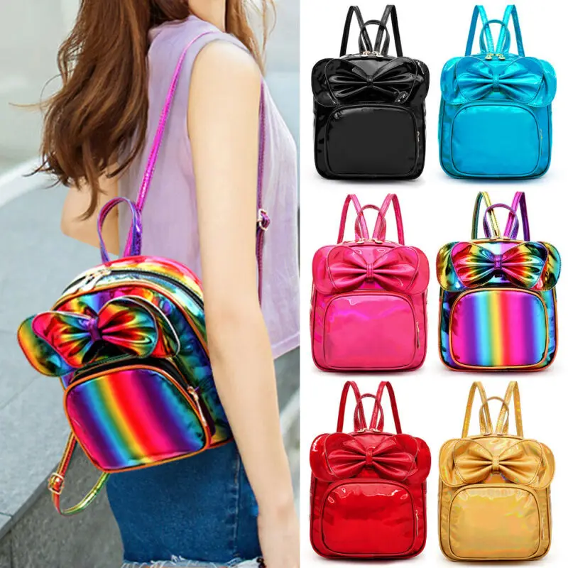 

Womens Dazzle Laser Bow Double Backpack Rucksack Business School Bag Travel Waterproof Small Solid Woman Laser Backpacks