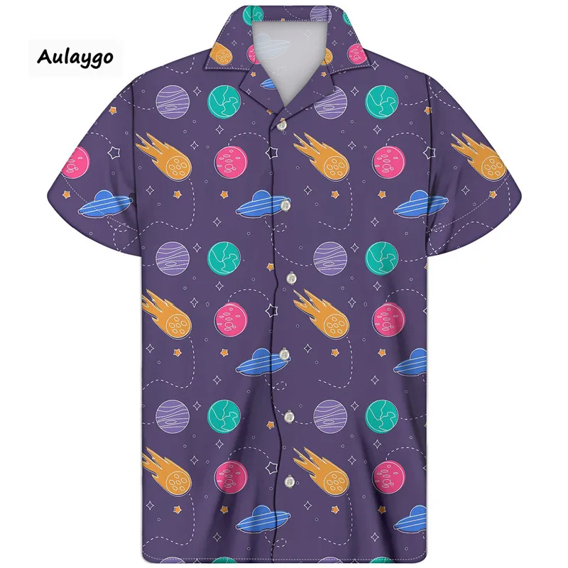 

Summer Man Shirt The Outer Space Printed Turn-drown Collar Streetwear Short Sleeve Thin Loose Cuban Shirt For Men Big And Tall