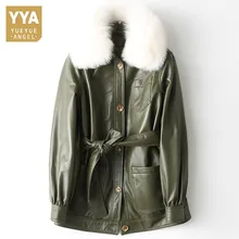 Брендовая куртка из натуральной кожи, женская зимняя куртка с лисьим меховым воротником, длинное пуховое пальто из овчины, элегантная верхняя одежда для подиума, однобортная теплая верхняя одежда