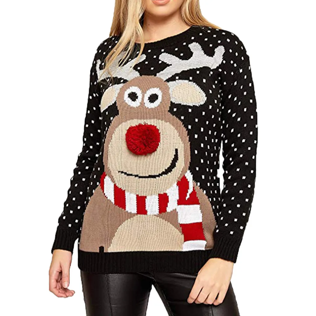 Рождественский женский свитер с рождественским оленем, теплый вязаный свитер с длинным рукавом, джемпер, топ, блузка, зимнее пальто для женщин