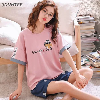 

Pajamas Sets Women O-neck Short Sleeve Summer Printed Cartoon Kawaii Daily Thin Breathable Loose Casual Sleepwear Womens Pijamas