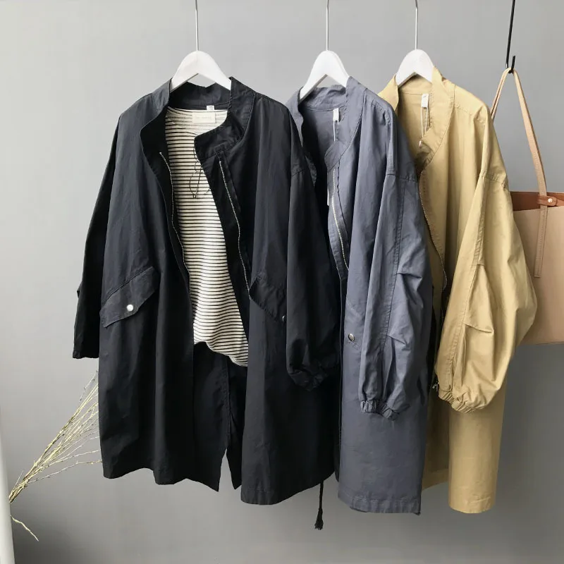

New Mid-length Women Windbreaker 2019 Autumn Fashion Solid Color Large Size Wild Loose Simple Stand Collar Long Sleeve Belt Coat