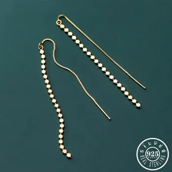 

925 Sterling Silver Geometric Round Shape Ear Threader Gold Color Plated Chain Long Dangle Drop Earrings Jewelry for Women