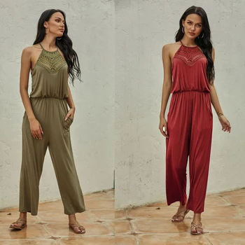 

Women Casual Sleeveless Halter Collar Jumpsuits Hollow Out Solid Color Elastic Waist Wide Leg Fashion Bodycon Playsuits Outfits