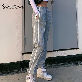 

Sweetown Side Striped Jogger Sweatpants Women 2020 New Fashion High Waisted Baggy Trousers Pockets Hip Hop Streetwear Pants Gray