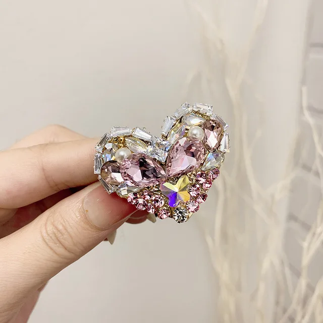 Fashion Rhinestone Heart Elastic Hair Bands Bows Women Girls Luxury Jewelry Head Rope Hair Tie Korean Exquisite Hair Accessories Pink