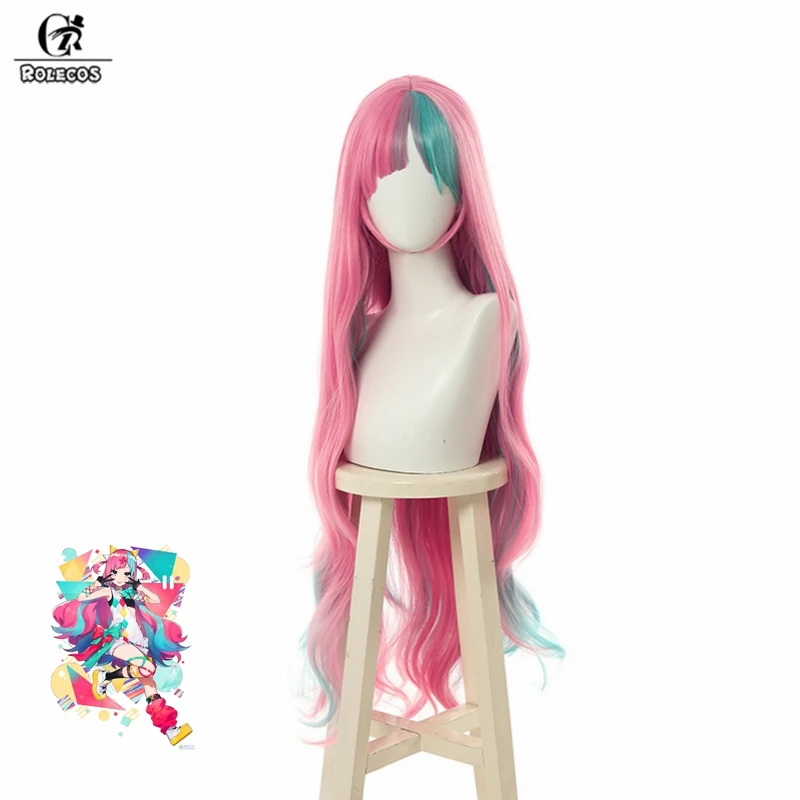 

ROLECOS VTuber Pinky Pop Hepburn Cosplay Long 98cm Pink Wave Cosplay Headwear Women Hair Heat Resistant Synthetic Cosplay Hair