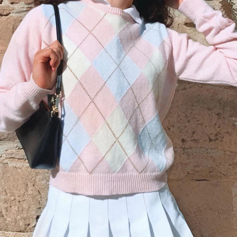 

Fashion Argyle Print Sweater Womens Casual Loose College Style Long Sleeve Knitwear Women Pullover Fall Sweaters Women Clothing