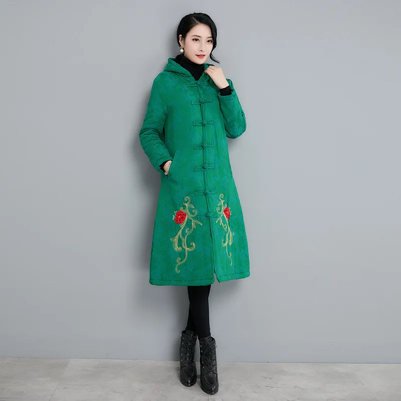 

2019 Winter New Embroidered Cotton Linen Large Size Hooded Waist Hugging Middle Long Coat Retro Frog Female Coat Yz8176