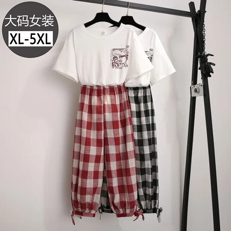 

Large Size WOMEN'S Short Sleeve Shirt T-shirt Tops Printed Plaid Lace-up Harem Pants Two-Piece Set Fat Mm Elastic Waist Fashion