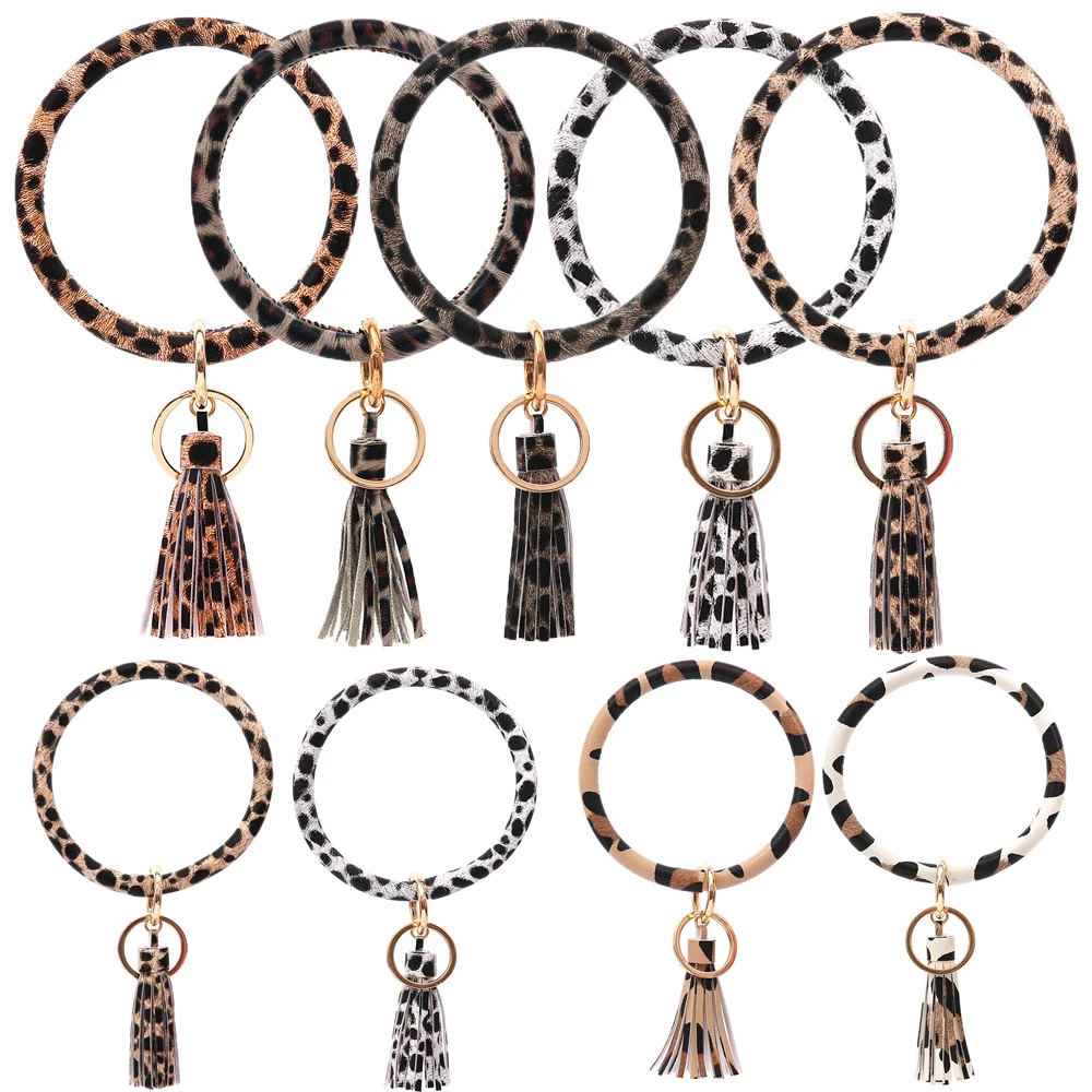 

Fashion PU Leather KeyChain Bracelet Women Leopard Bright Solid Color Wristlet Keychain Same Color Tassel Keychain Accessories