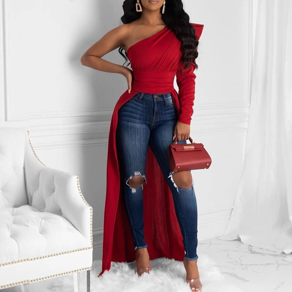 

Sexy One Shoulder Dip Hem Tops Elegant Long Sleeves Sexy Solid Skew Collar Slim Irregular Asymmetrical T Shirt D30