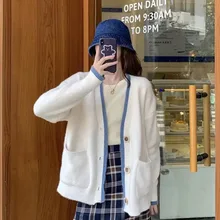 

Autumn And Winter New Korean Version Of The Contrast Color Knitted Cardigan Women'S Loose Student Style Hawai Women'S Jacket