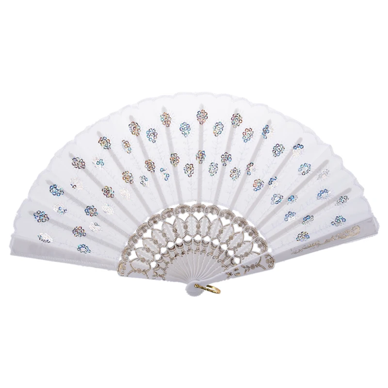 

Sequin Flower Detailings White Nylon Hand Folding Fan