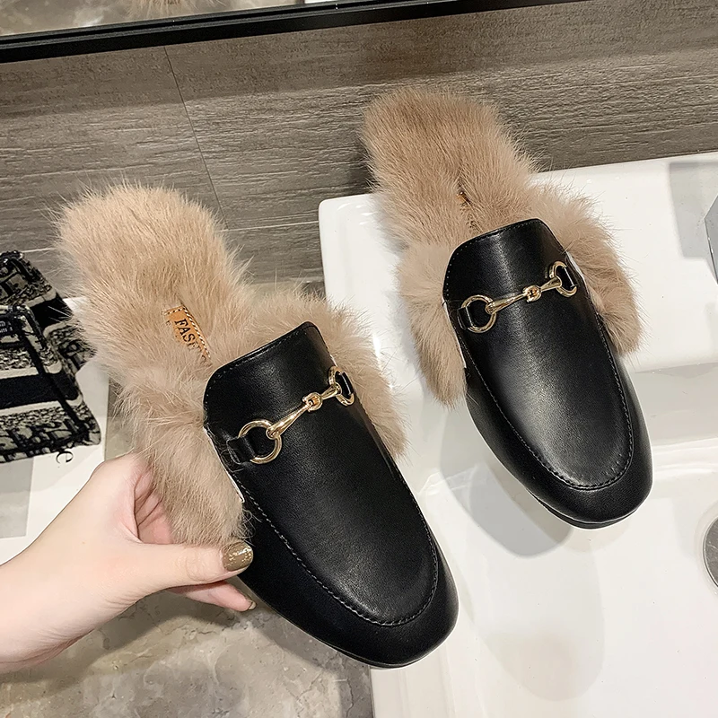 

Hairy Slippers British Style Women's Autumn And Winter New Muller Shoes Net Red Lazy Shoes Flat Rabbit Fur Baotou Flats Slippers