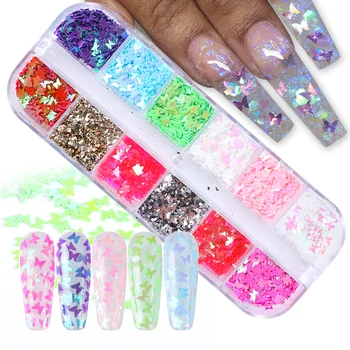 

12 Grids Holographic Butterfly Nail Glitter Flakes 3D Sparkly Gold Foils Sequins Polish Manicure for Acrylic Decoration GL1622