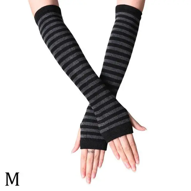 Unisex Long Fingerless Gloves Gloves Arm Cover Striped Cotton Wrist Sleeves Arm Warmer Sleeve Knitted Gloves Womens Fingerless M