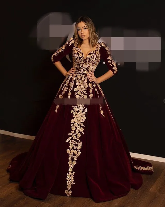 

Burgundy Velvet Muslim 3/4 Long Sleeve Arabic Evening Dress Dubai Kaftan Gold Lace Applique Ball Gown Turkey Prom Formal Dresses