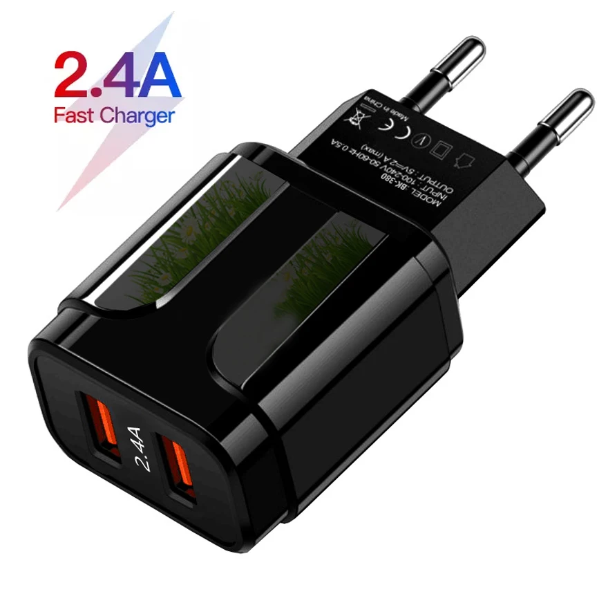 AIXXCO 5V 2A EU Plug LED Light 2 USB Adapter Mobile Phone Wall Charger Device Quick Charge QC 3.0 Mobile Charger Fast Charger airpods usb c Chargers