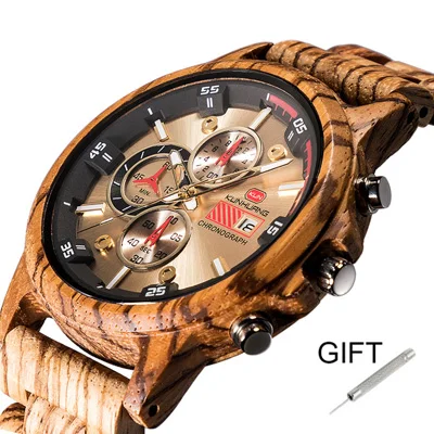 Fashion Wooden Men Watch Natural Zebra Wood Wristwatch with Date and Multiple Time Zone reloj hombre Men's Gift Watches W-K01 - Цвет: SK-01 Zebra wood