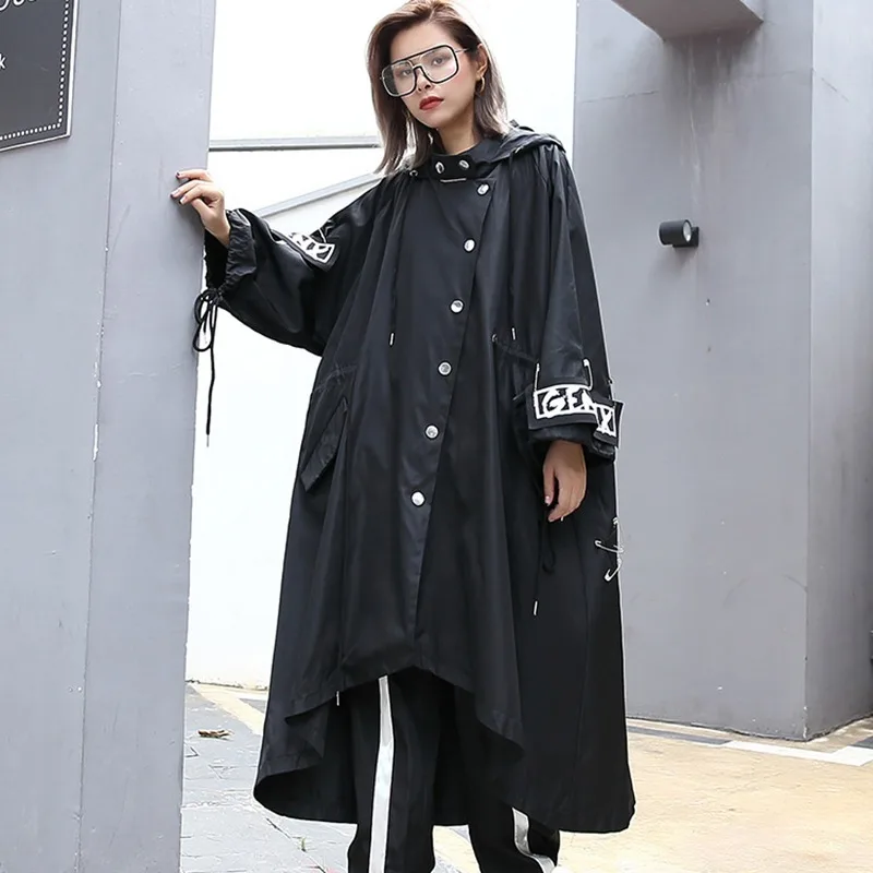 

Spliced Plus Size Black Trench For Women Tide Long Print Streetwear Hoodie Casual Female Wide Waisted Coat 2020 Dropshipping