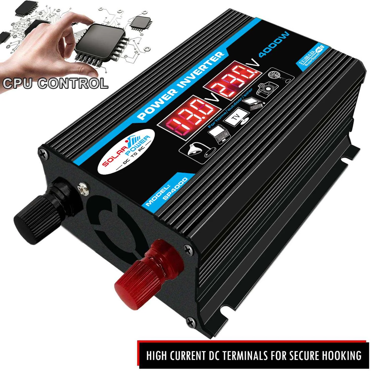 Skup Falownik samochodowy 12V 220V 4000W Max przetwornica napięcia transformator napięcia 12V do 110 V 220 V Inversor + wyświetlacz LCD 2 USB