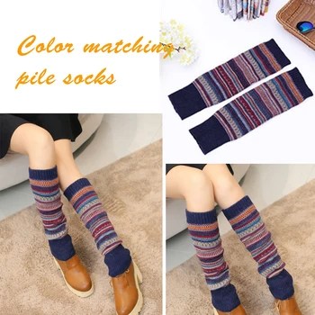 

1 Pair Crochet Contrast Color Fine Knitted Adult Ladies Winter Autumn Foot Coldproof Boot Thickened Knee High Women Leg Warmer