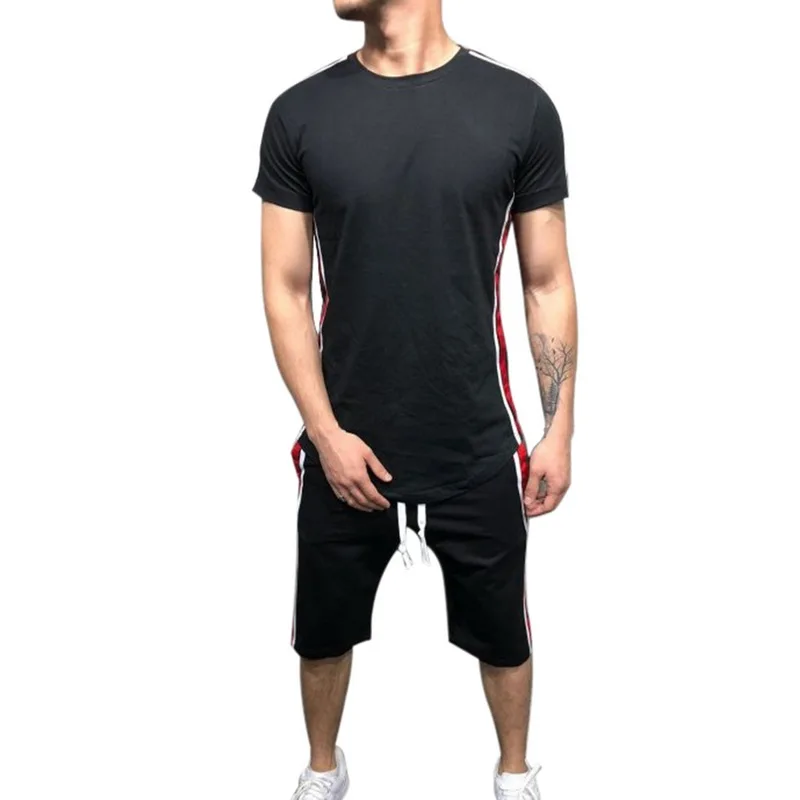 Flash Sale PUIMENTIUA Mens Hiphop Tracksuit Sets Summer Short Sleeve T Shirt And Shorts Sporting Set Side Stripe Fashion 2 Pcs T Shirt Sets